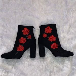 black suede embroidered ankle booties